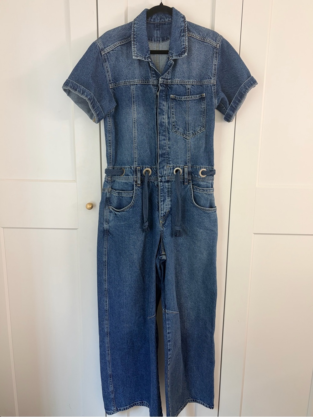 Free People We The Free Edison Coverall Blue Wide-Leg Denim Jumpsuit | M - Picture 3 of 7